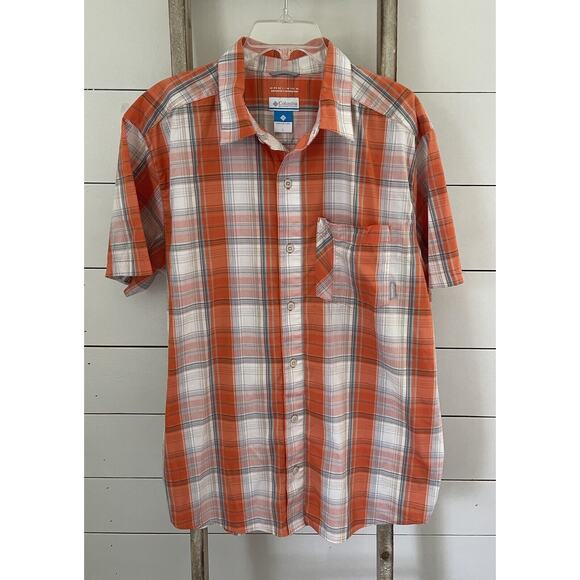 Columbia Men's Decoy Rock Short Sleeve Shirt Orange Plaid Omni Wick Size Large - Picture 1 of 6